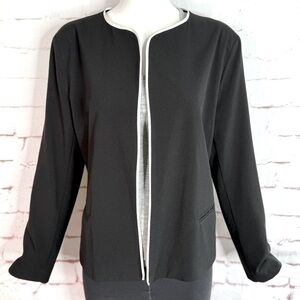 NY COLLECTION PETITE PL Black with White Piping Lightweight Open Front Blazer